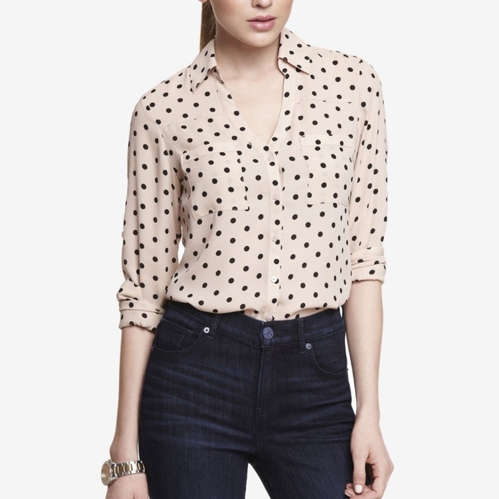 Express Light Pink and Black Polkadot Portofino Shirt